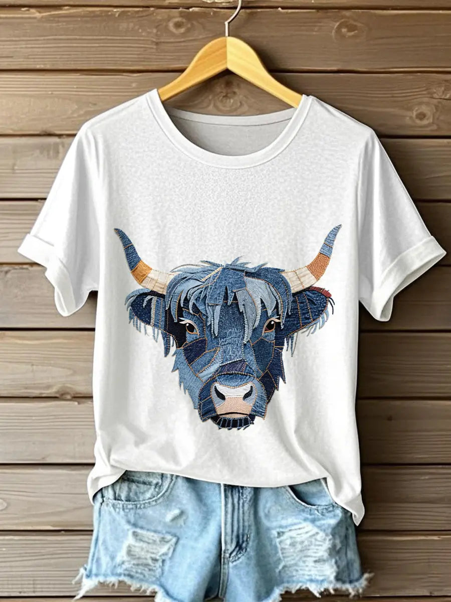 Women's Denim Highland Cow T-shirt trupatriotic