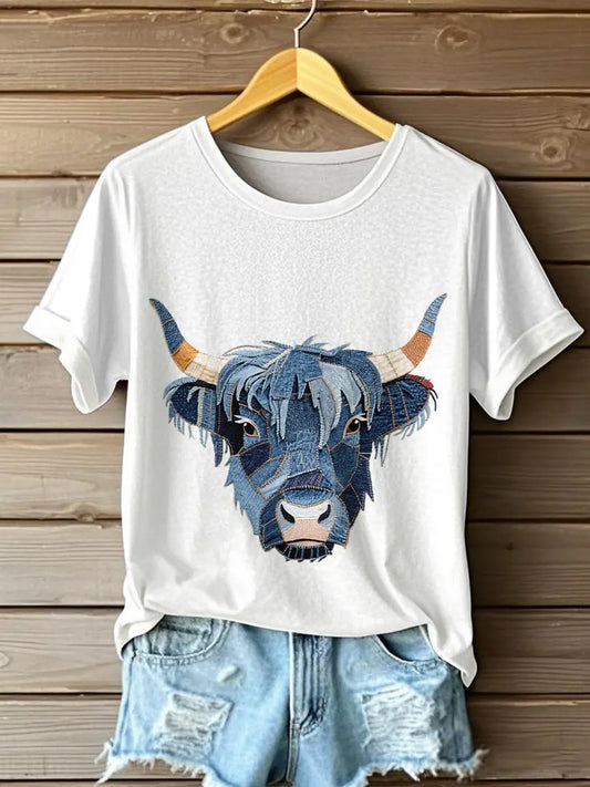 Women's Denim Highland Cow T-shirt trupatriotic