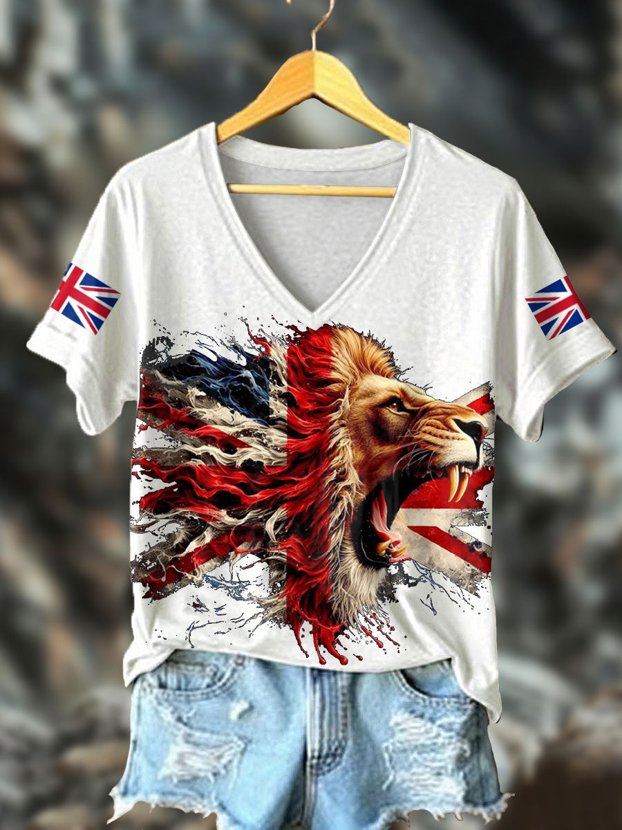 Women's UK Flag Lion Printed T-shirt trupatriotic