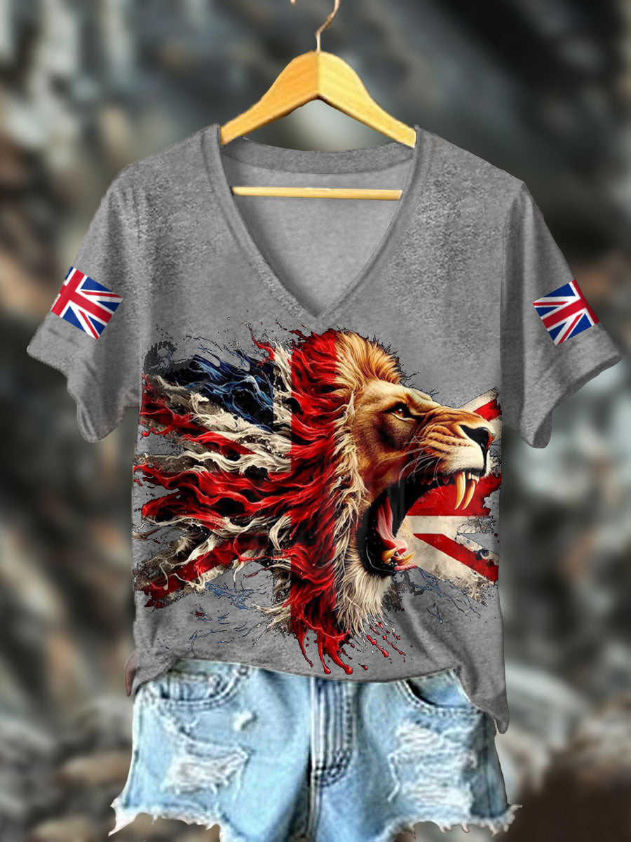 Women's UK Flag Lion Printed T-shirt trupatriotic