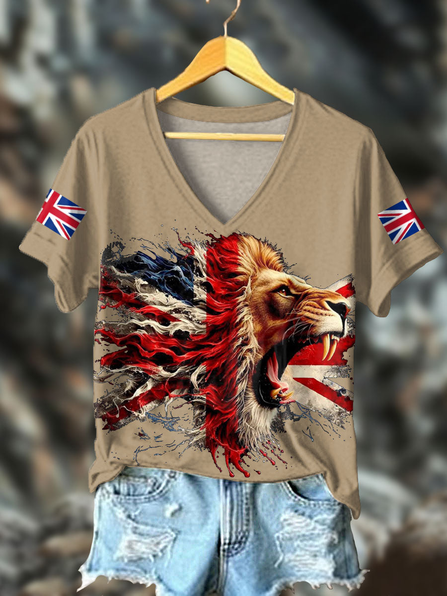 Women's UK Flag Lion Printed T-shirt trupatriotic