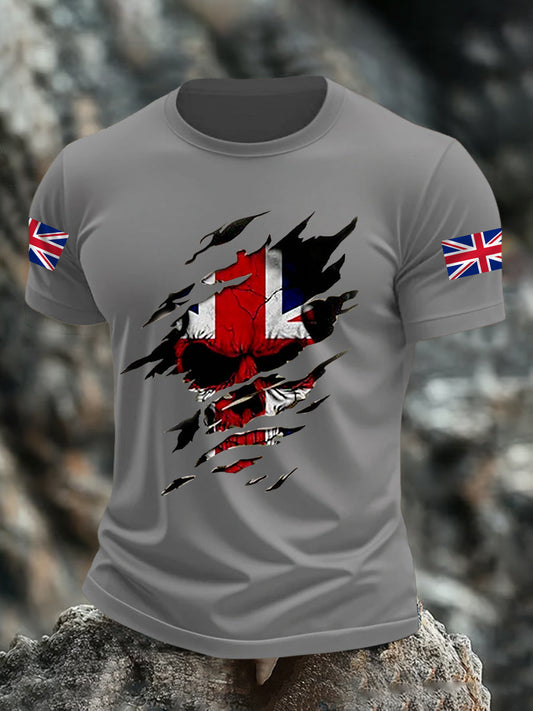 Men's UK Flag Skull Print Casual Tee trupatriotic