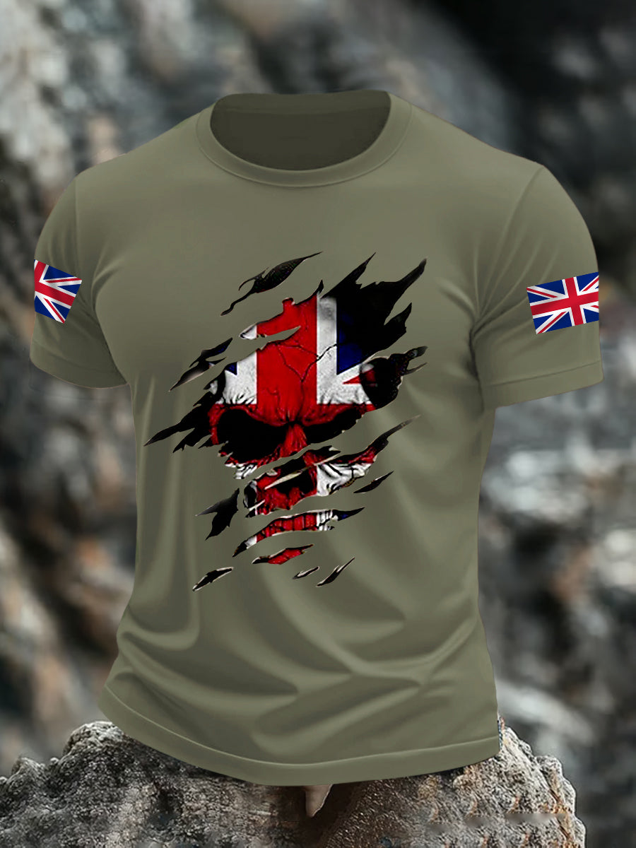 Men's UK Flag Skull Print Casual Tee trupatriotic