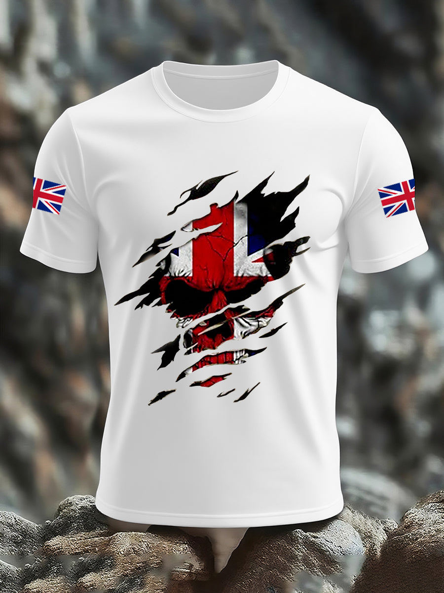 Men's UK Flag Skull Print Casual Tee trupatriotic
