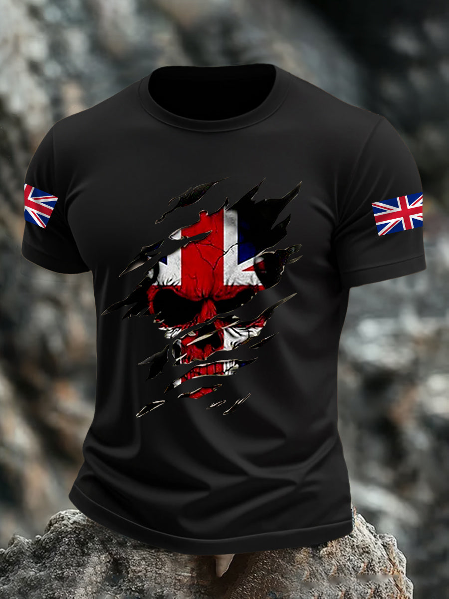Men's UK Flag Skull Print Casual Tee trupatriotic