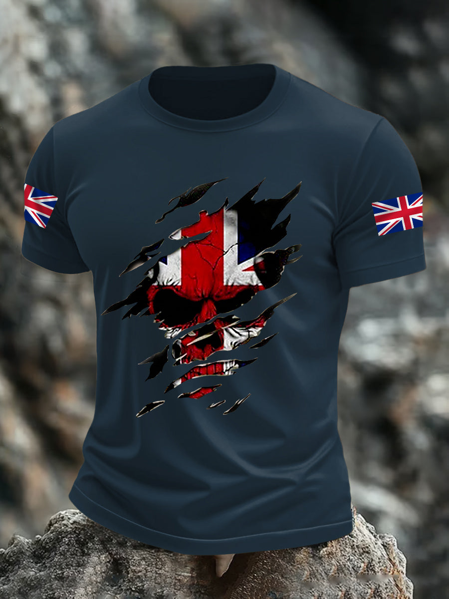 Men's UK Flag Skull Print Casual Tee trupatriotic