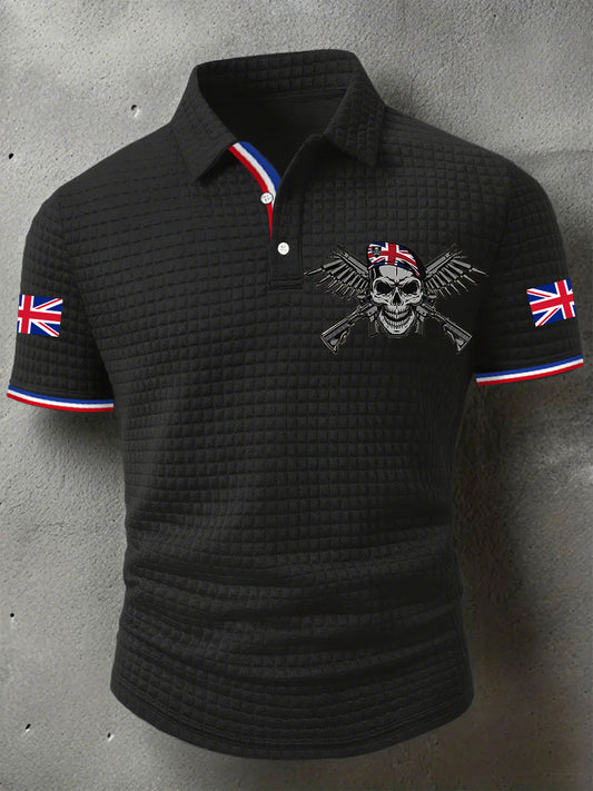 Men's UK Flag Skull Veteran Print Casual Short-Sleeve Waffle Top trupatriotic