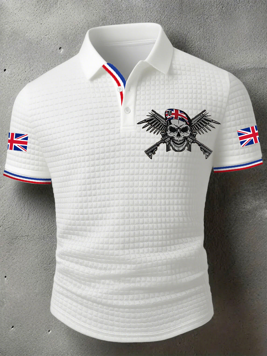 Men's UK Flag Skull Veteran Print Casual Short-Sleeve Waffle Top trupatriotic