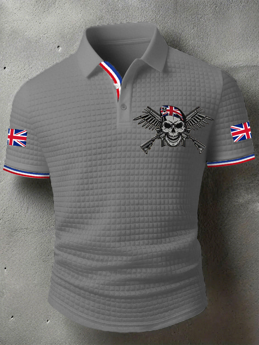 Men's UK Flag Skull Veteran Print Casual Short-Sleeve Waffle Top trupatriotic