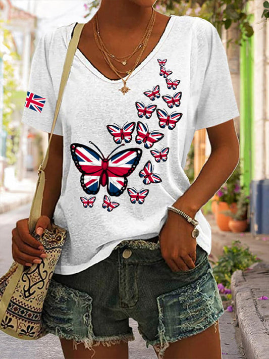 Women's Union Jack Butterfly V-neck T-shirt trupatriotic
