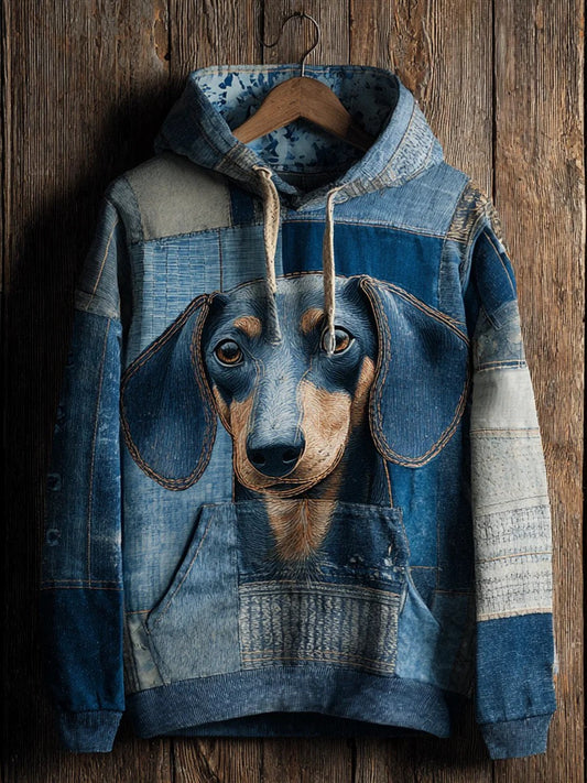 Denim Dog Print Art Casual Hoodie trupatriotic