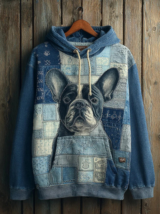 Denim Dog Print Art Casual Hoodie trupatriotic