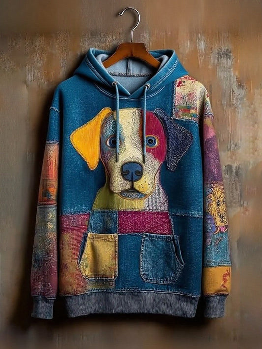 Denim Dog Print Art Casual Hoodie trupatriotic
