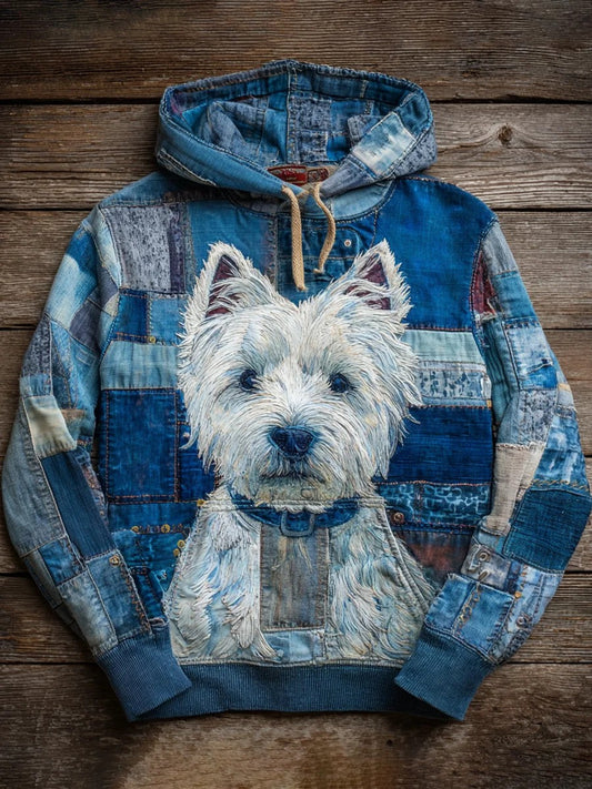 Denim Dog Print Art Casual Hoodie trupatriotic