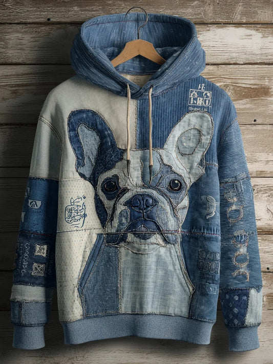 Denim Dog Print Art Casual Hoodie trupatriotic