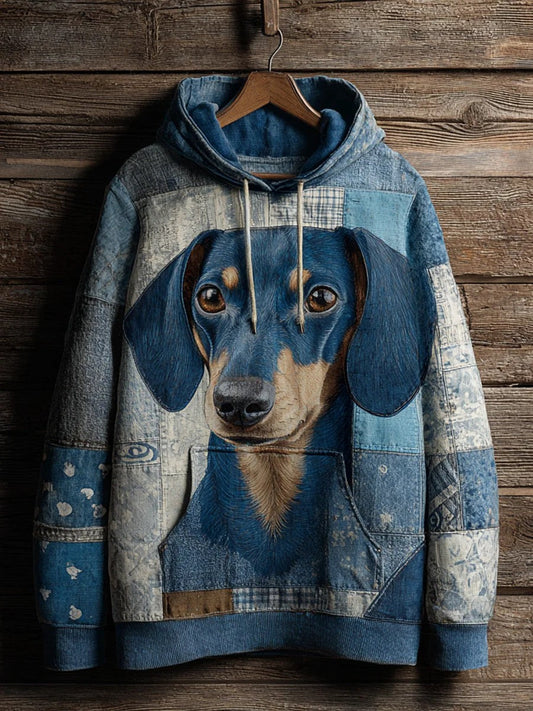 Denim Dog Print Art Casual Hoodie trupatriotic