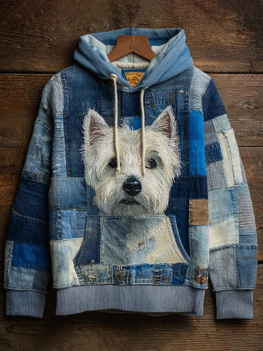 Denim Dog Print Art Casual Hoodie trupatriotic