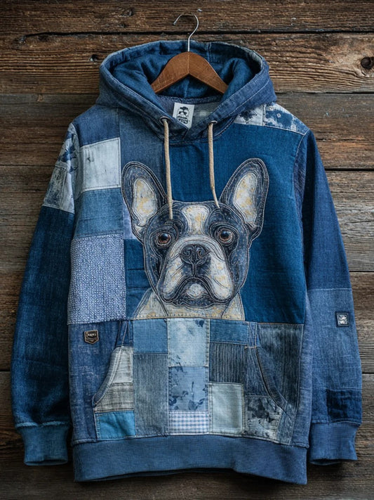 Denim Dog Print Art Casual Hoodie trupatriotic