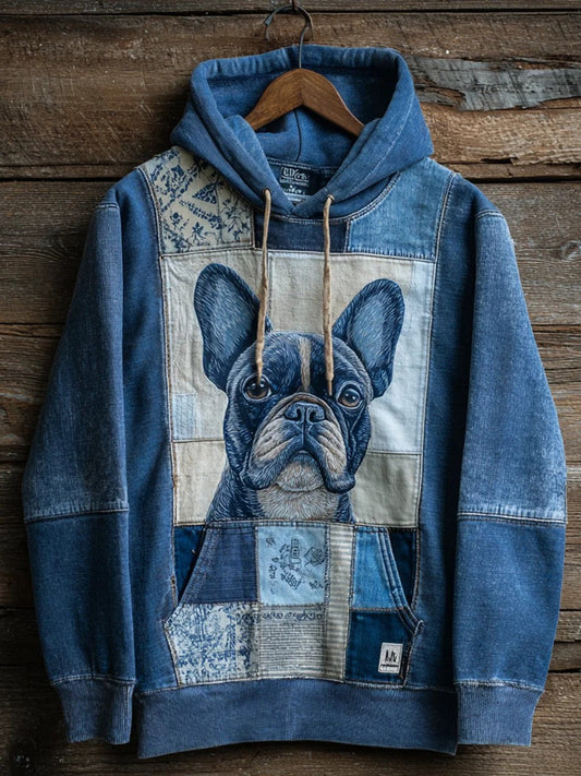 Denim Dog Print Art Casual Hoodie trupatriotic