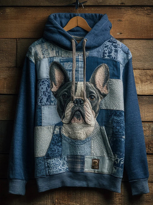Denim Dog Print Art Casual Hoodie trupatriotic