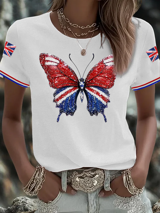 Women's British imitation diamond hot-drilling Printed short-sleeved T-shirt trupatriotic