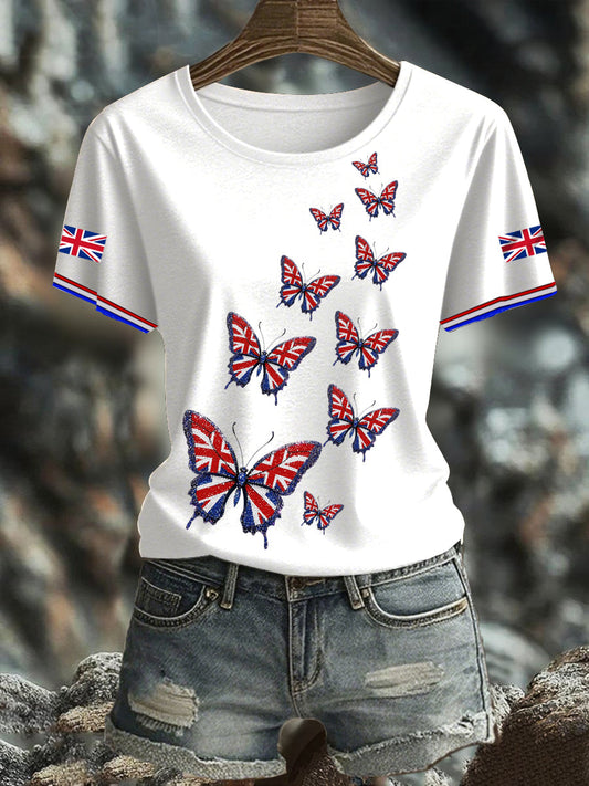 Women's British imitation diamond hot-drilling Printed short-sleeved T-shirt trupatriotic