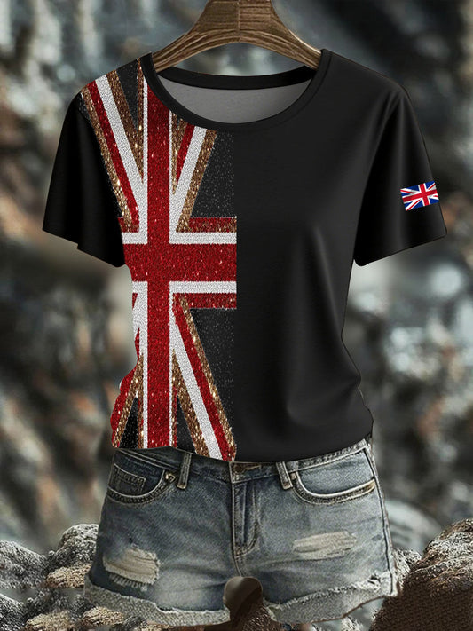 Women's British imitation diamond hot-drilling Printed short-sleeved T-shirt trupatriotic