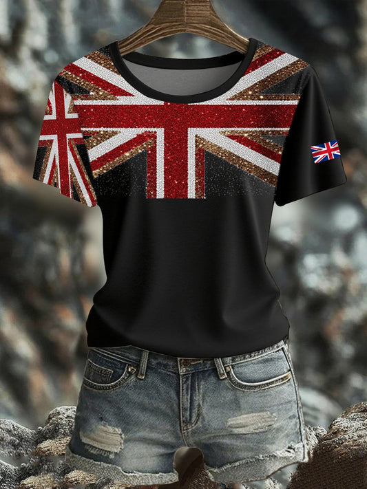 Women's British imitation diamond hot-drilling Printed short-sleeved T-shirt trupatriotic