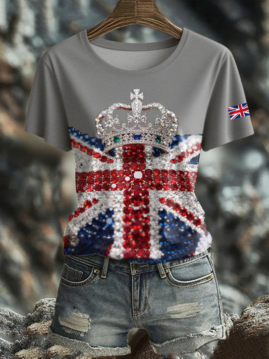 Women's British imitation diamond hot-drilling Printed short-sleeved T-shirt trupatriotic