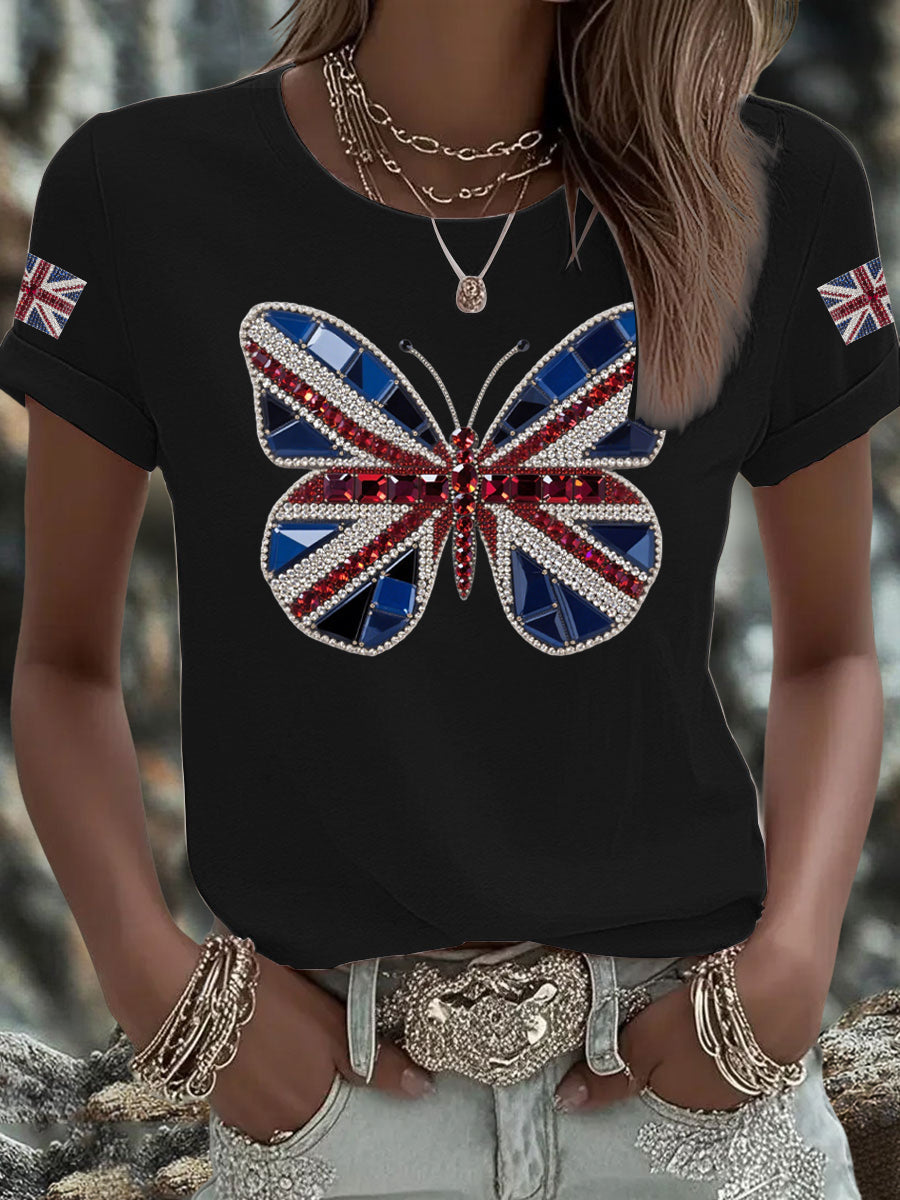 Women's UK Flag Butterfly Printed T-shirt trupatriotic
