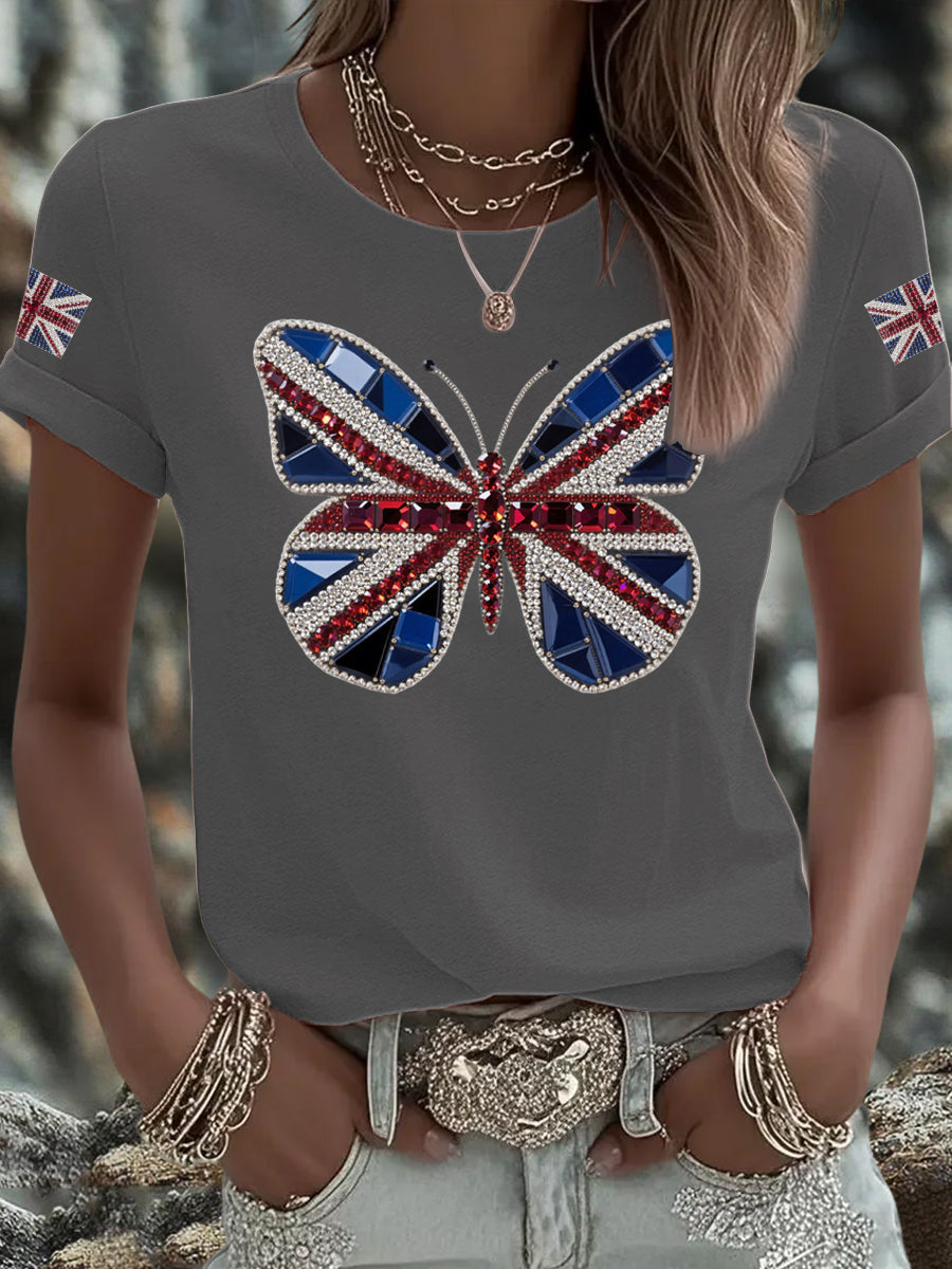Women's UK Flag Butterfly Printed T-shirt trupatriotic