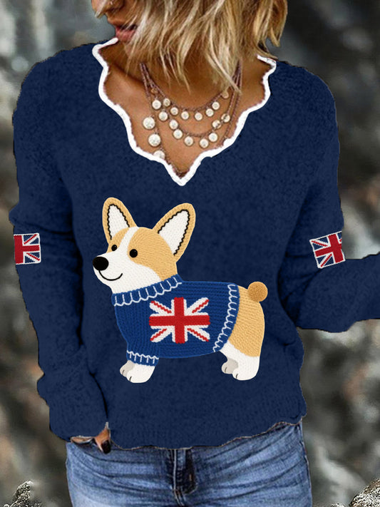 Women's Cute Corgi Union Jack Print Casual Long Sleeve Top trupatriotic