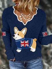 Women's Cute Corgi Union Jack Print Casual Long Sleeve Top trupatriotic