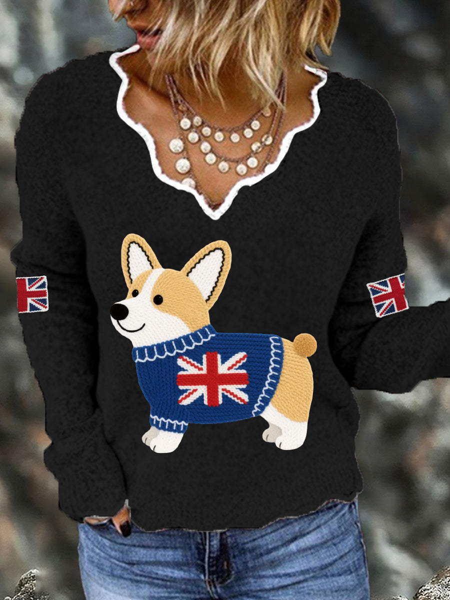 Women's Cute Corgi Union Jack Print Casual Long Sleeve Top trupatriotic