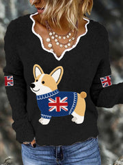 Women's Cute Corgi Union Jack Print Casual Long Sleeve Top trupatriotic
