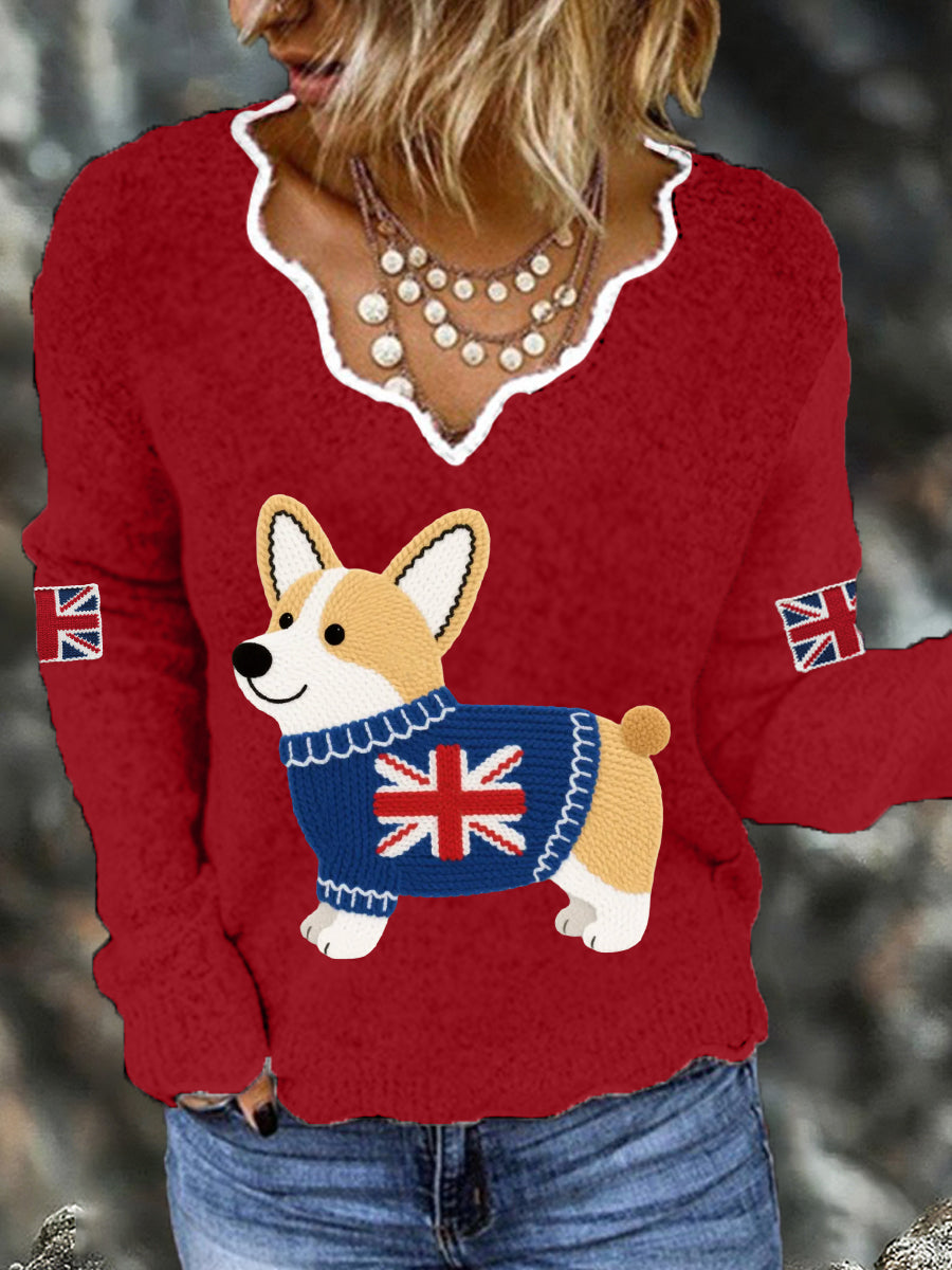 Women's Cute Corgi Union Jack Print Casual Long Sleeve Top trupatriotic