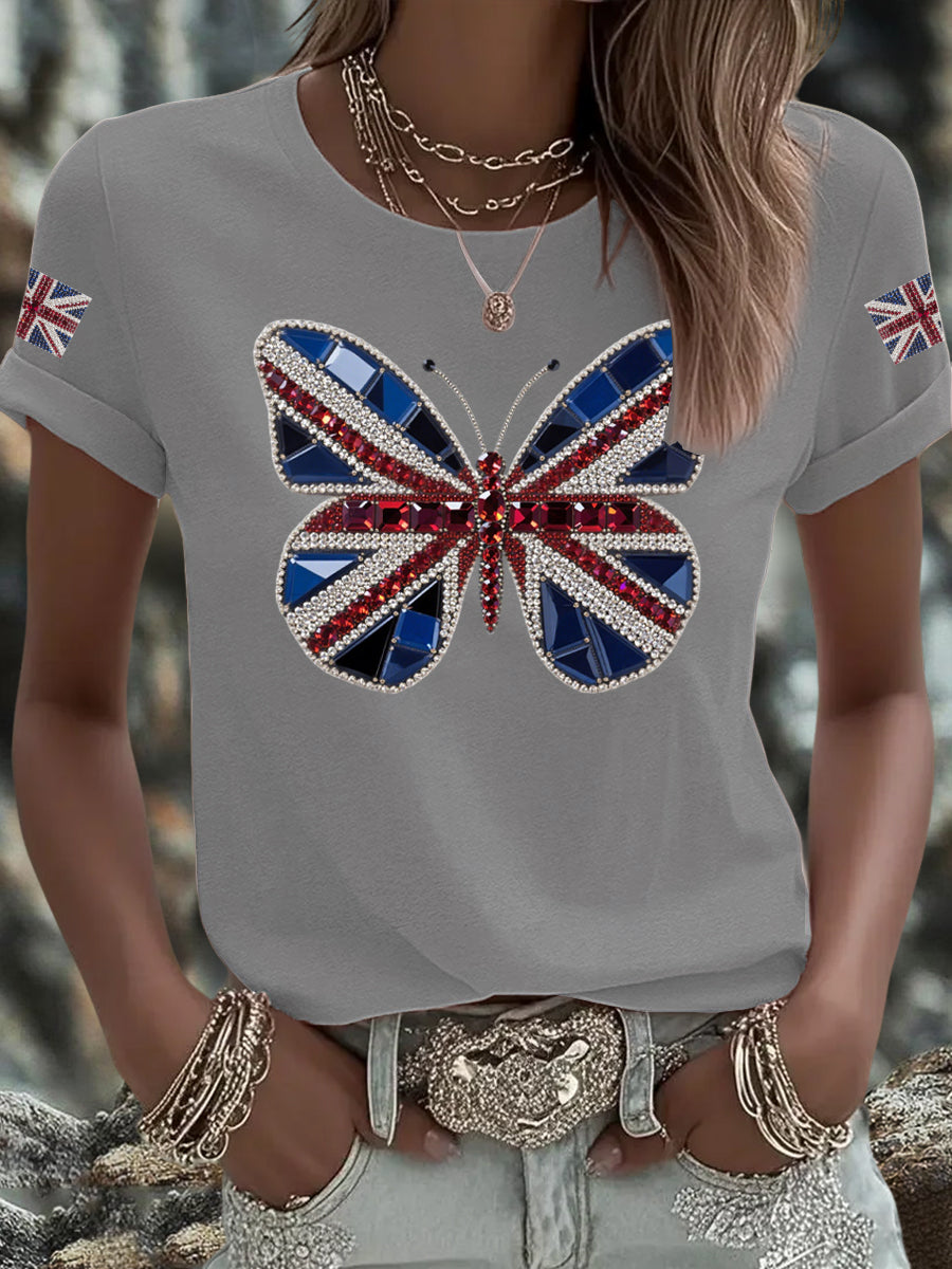 Women's UK Flag Butterfly Printed T-shirt trupatriotic
