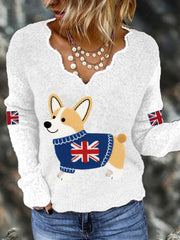 Women's Cute Corgi Union Jack Print Casual Long Sleeve Top trupatriotic