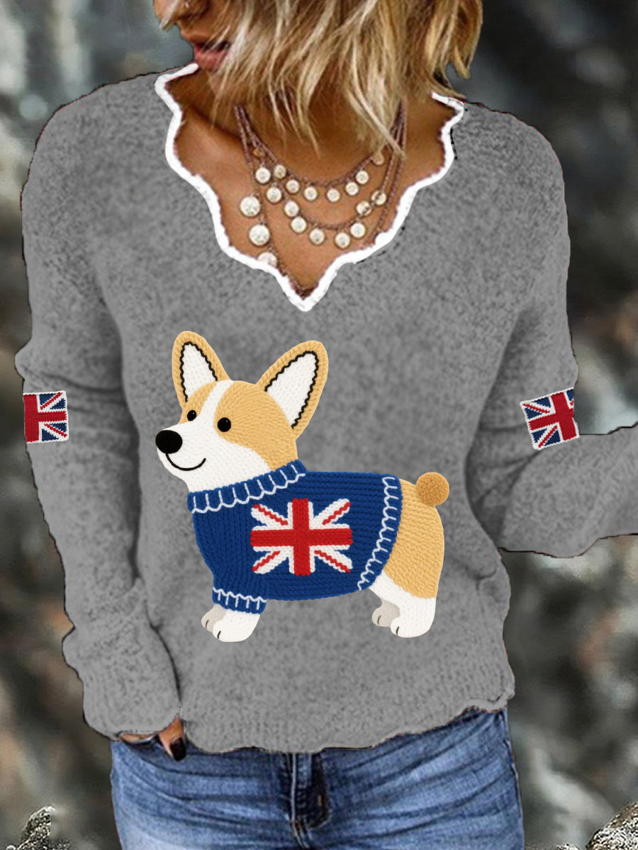 Women's Cute Corgi Union Jack Print Casual Long Sleeve Top trupatriotic