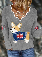 Women's Cute Corgi Union Jack Print Casual Long Sleeve Top trupatriotic