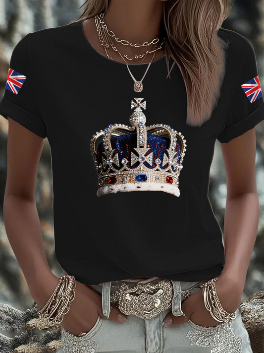 Women's British imitation diamond hot-drilling Printed Iron On Short Sleeve T-Shirt trupatriotic