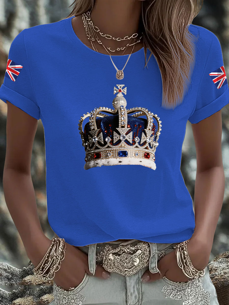 Women's British imitation diamond hot-drilling Printed Iron On Short Sleeve T-Shirt trupatriotic
