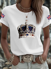 Women's British imitation diamond hot-drilling Printed Iron On Short Sleeve T-Shirt trupatriotic