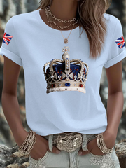Women's British imitation diamond hot-drilling Printed Iron On Short Sleeve T-Shirt trupatriotic