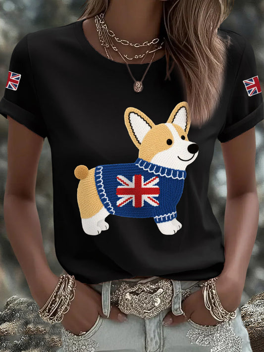 Women's Cute Corgi Union Jack Print Casual Tee trupatriotic