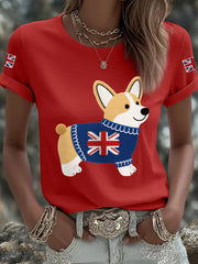 Women's Cute Corgi Union Jack Print Casual Tee trupatriotic
