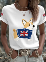 Women's Cute Corgi Union Jack Print Casual Tee trupatriotic