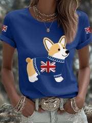 Women's Cute Corgi Union Jack Print Casual Tee trupatriotic
