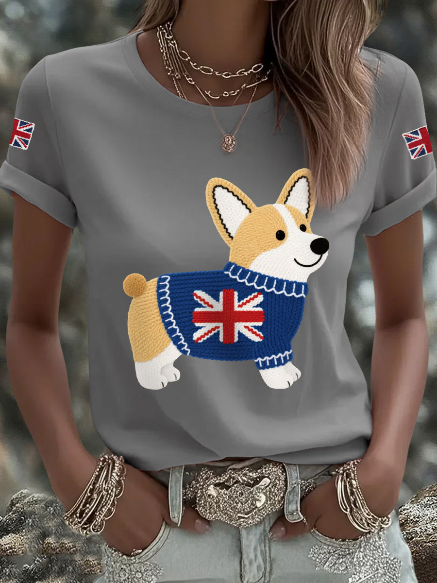 Women's Cute Corgi Union Jack Print Casual Tee trupatriotic