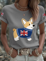 Women's Cute Corgi Union Jack Print Casual Tee trupatriotic
